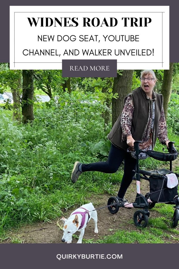 Widnes Road Trip Pinterest Pin Lyndsay and Burt posing with the walker on a wooded path