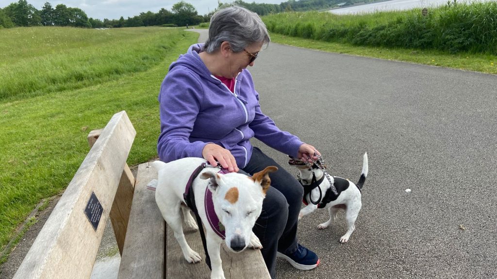 Gill with Burt and Harley on a bench at Pickerings Pasture in Widnes